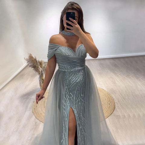 Arabic Turquoise Sexy One Shoulder Beaded Mermaid High Split Evening Dresses Party Gowns 2025 For Women LA72203