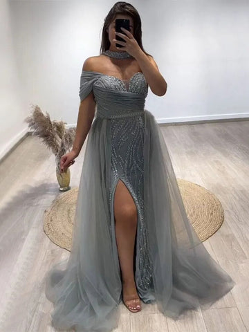 Arabic Turquoise Sexy One Shoulder Beaded Mermaid High Split Evening Dresses Party Gowns 2025 For Women LA72203