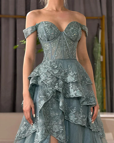 Robe de soirée arabe turquoise à bretelles et perles, fendue sur le devant, pour une occasion formelle (2025 LA72593A)