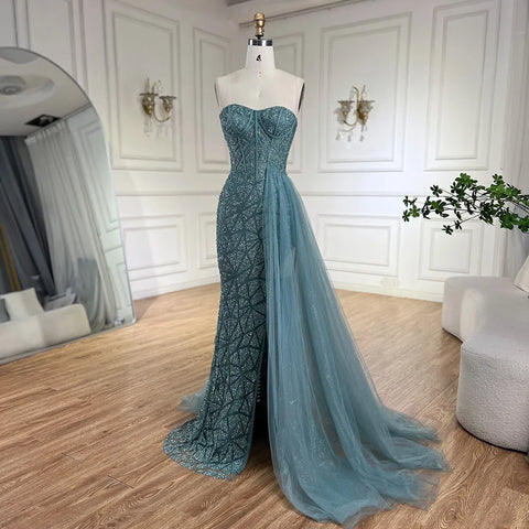Arabic Turquoise Strapless High-Split Mermaid Beaded Luxury Evening Gown for Women Wedding Party 2025 LA72610