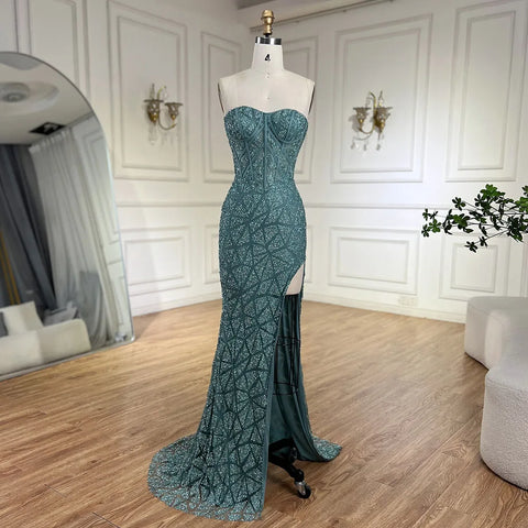 Arabic Turquoise Strapless High-Split Mermaid Beaded Luxury Evening Gown for Women Wedding Party 2025 LA72610