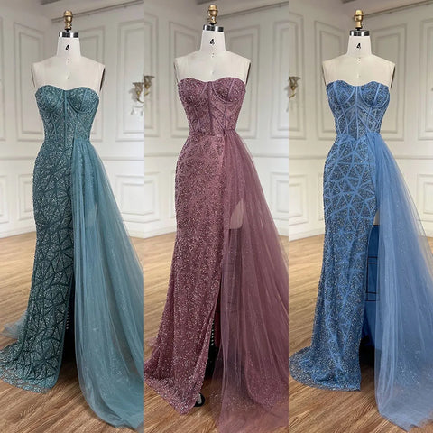 Arabic Turquoise Strapless High-Split Mermaid Beaded Luxury Evening Gown for Women Wedding Party 2025 LA72610