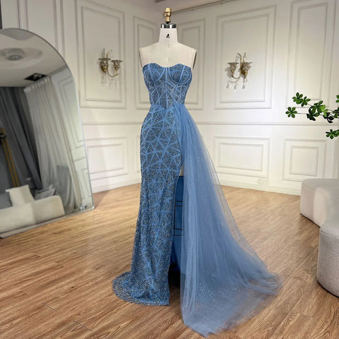 Arabic Turquoise Strapless High-Split Mermaid Beaded Luxury Evening Gown for Women Wedding Party 2025 LA72610
