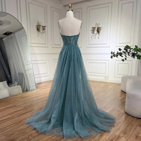 Arabic Turquoise Strapless High-Split Mermaid Beaded Luxury Evening Gown for Women Wedding Party 2025 LA72610