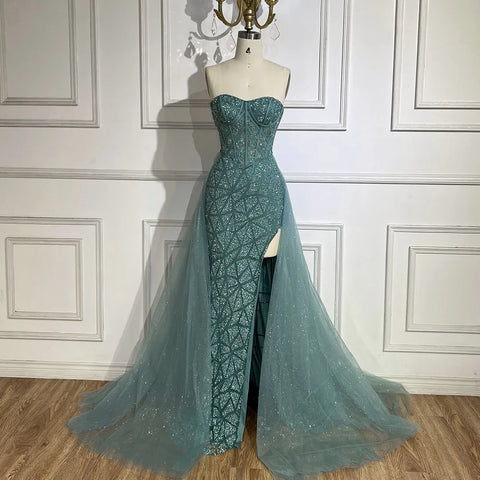 Arabic Turquoise Strapless High-Split Mermaid Beaded Luxury Evening Gown for Women Wedding Party 2025 LA72610