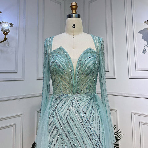 On Sale no return no refund Arabic Turquoise V Neck Mermaid Beaded Sexy Open Split Evening Dresses Gowns 2025 For Women Wedding Party LA72006