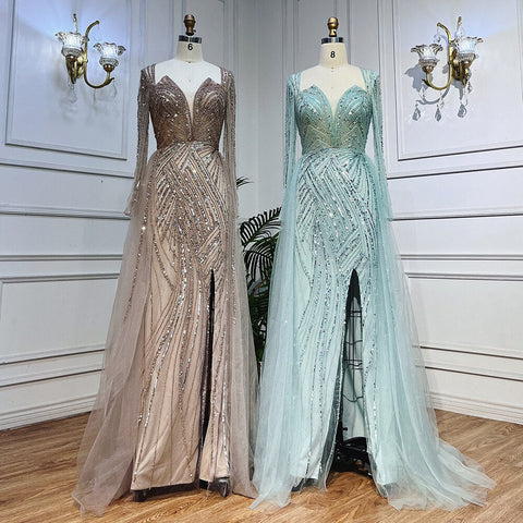 On Sale no return no refund Arabic Turquoise V Neck Mermaid Beaded Sexy Open Split Evening Dresses Gowns 2025 For Women Wedding Party LA72006