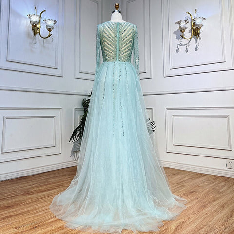 On Sale no return no refund Arabic Turquoise V Neck Mermaid Beaded Sexy Open Split Evening Dresses Gowns 2025 For Women Wedding Party LA72006