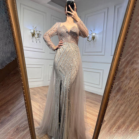 On Sale no return no refund Arabic Turquoise V Neck Mermaid Beaded Sexy Open Split Evening Dresses Gowns 2025 For Women Wedding Party LA72006