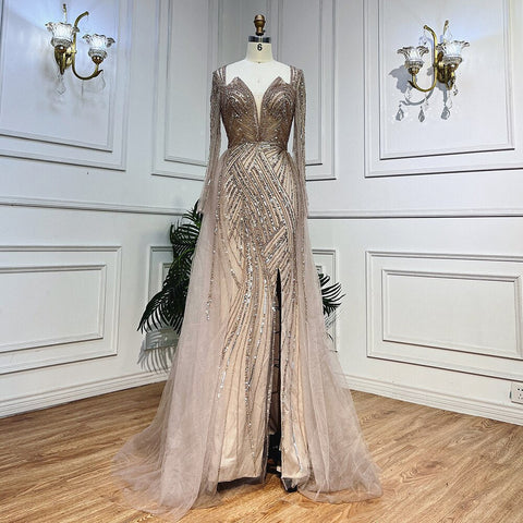 On Sale no return no refund Arabic Turquoise V Neck Mermaid Beaded Sexy Open Split Evening Dresses Gowns 2025 For Women Wedding Party LA72006