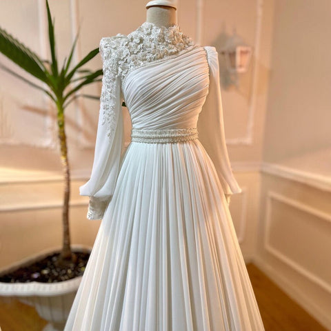 Arabic White 3D Flowers Muslim Evening Dresses Gowns 2025 Beaded A-Line For Women Party LA71515