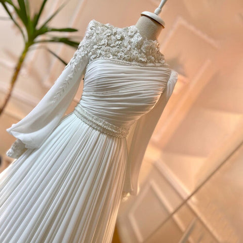 Arabic White 3D Flowers Muslim Evening Dresses Gowns 2025 Beaded A-Line For Women Party LA71515