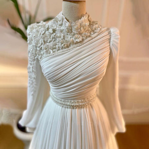 Arabic White 3D Flowers Muslim Evening Dresses Gowns 2025 Beaded A-Line For Women Party LA71515