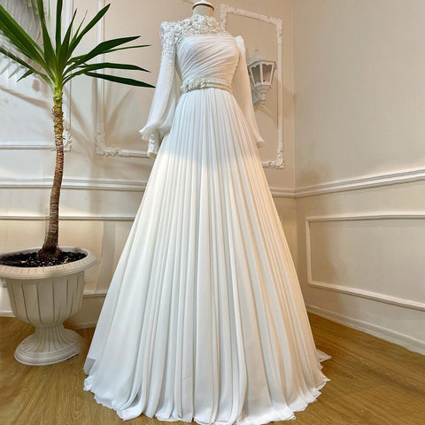 Arabic White 3D Flowers Muslim Evening Dresses Gowns 2025 Beaded A-Line For Women Party LA71515