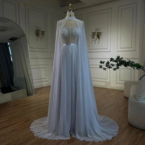 Arabic White Beaded Lace Mermaid Gown with Detachable Long Cape | Evening Dress for Women Wedding Party 2025 LA72415