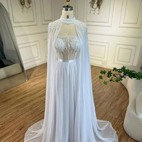 Arabic White Beaded Lace Mermaid Gown with Detachable Long Cape | Evening Dress for Women Wedding Party 2025 LA72415