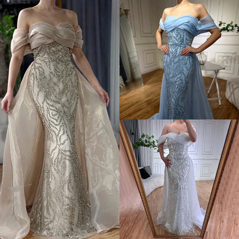 Arabic White Beaded Mermaid Elegant With Overskirt Luxury Dubai Evening Dresses Gowns for Women's Party 2025 LA72398