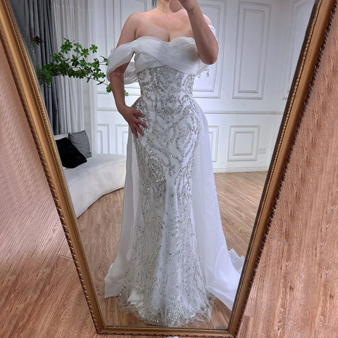 Arabic White Beaded Mermaid Elegant With Overskirt Luxury Dubai Evening Dresses Gowns for Women's Party 2025 LA72398