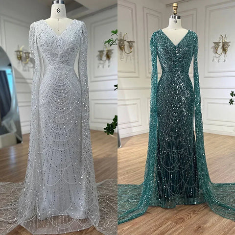 Luxury White Feather Evening Dress with Cape Sleeves LA72160