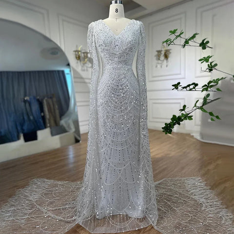 Luxury White Feather Evening Dress with Cape Sleeves LA72160