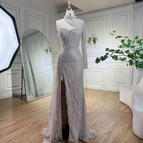 Arabic White Nude Mermaid Elegant One Shoulder Luxury Beaded Evening Dresses Gowns For Women Party 2025 LA72196