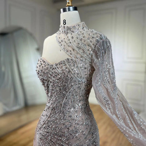 Arabic White Nude Mermaid Elegant One Shoulder Luxury Beaded Evening Dresses Gowns For Women Party 2025 LA72196