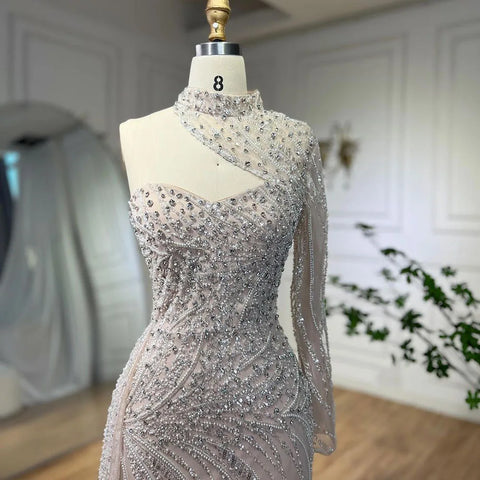 Arabic White Nude Mermaid Elegant One Shoulder Luxury Beaded Evening Dresses Gowns For Women Party 2025 LA72196