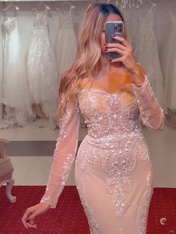 Vestidos de noche árabes blancos nude estilo sirena, elegantes, sexys, con hombros descubiertos, lentejuelas, de lujo, para fiestas 2025 LA71892 