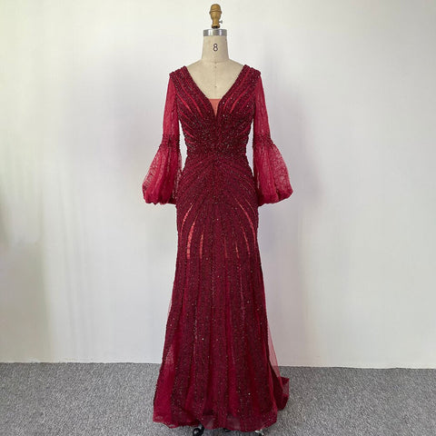 Vestidos de noche elegantes de sirena color rojo vino árabe con mangas abullonadas, encaje y cuentas, para mujer, ideales para bodas y fiestas (LA71927) 