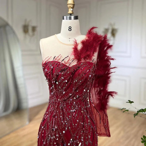 Arabic Wine Red Mermaid Luxury Evening Dresses Gowns Feathers Beading Elegant For Woman wedding Party 2025 LA71076