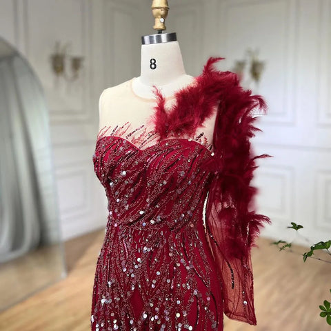 Arabic Wine Red Mermaid Luxury Evening Dresses Gowns Feathers Beading Elegant For Woman wedding Party 2025 LA71076