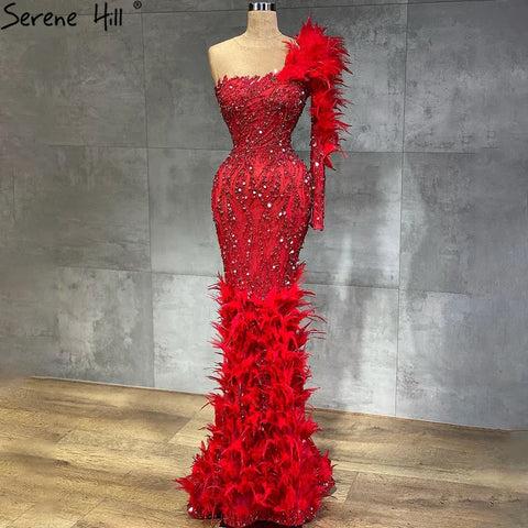 Arabic Wine Red Mermaid Luxury Evening Dresses Gowns Feathers Beading Elegant For Woman wedding Party 2025 LA71076