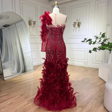 Arabic Wine Red Mermaid Luxury Evening Dresses Gowns Feathers Beading Elegant For Woman wedding Party 2025 LA71076