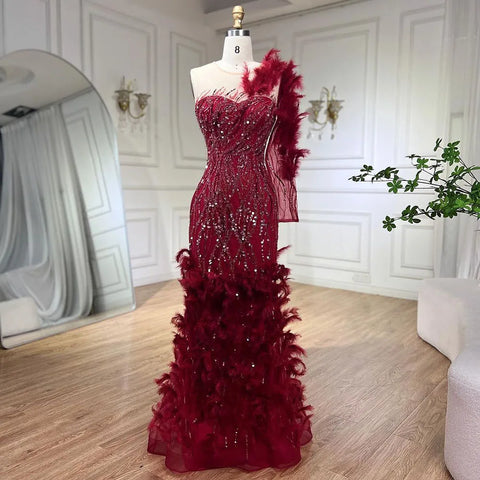 Arabic Wine Red Mermaid Luxury Evening Dresses Gowns Feathers Beading Elegant For Woman wedding Party 2025 LA71076