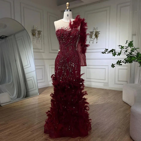 Arabic Wine Red Mermaid Luxury Evening Dresses Gowns Feathers Beading Elegant For Woman wedding Party 2025 LA71076