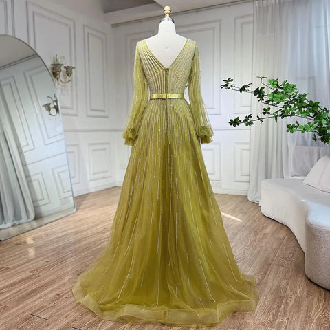 Vestidos de noche elegantes de lujo con cuentas, corte en A, color amarillo árabe, estilo Dubai, para mujer, ideales para bodas y fiestas (2025) LA72300 