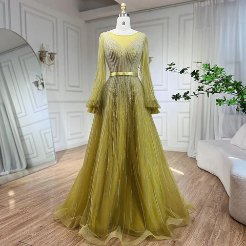 Vestidos de noche elegantes de lujo con cuentas, corte en A, color amarillo árabe, estilo Dubai, para mujer, ideales para bodas y fiestas (2025) LA72300 