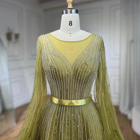 Vestidos de noche elegantes de lujo con cuentas, corte en A, color amarillo árabe, estilo Dubai, para mujer, ideales para bodas y fiestas (2025) LA72300 