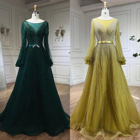 Vestidos de noche elegantes de lujo con cuentas, corte en A, color amarillo árabe, estilo Dubai, para mujer, ideales para bodas y fiestas (2025) LA72300 