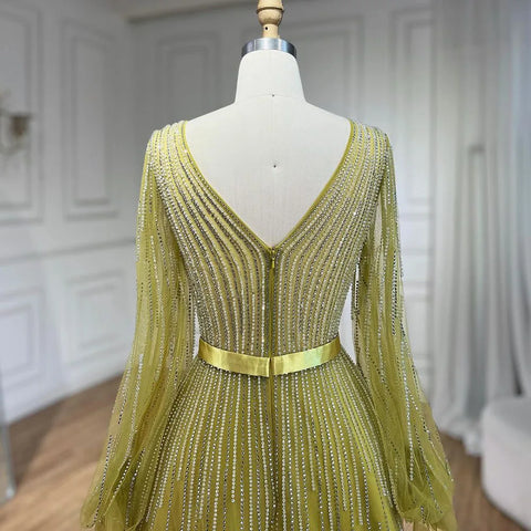 Vestidos de noche elegantes de lujo con cuentas, corte en A, color amarillo árabe, estilo Dubai, para mujer, ideales para bodas y fiestas (2025) LA72300 