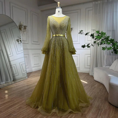 Vestidos de noche elegantes de lujo con cuentas, corte en A, color amarillo árabe, estilo Dubai, para mujer, ideales para bodas y fiestas (2025) LA72300 