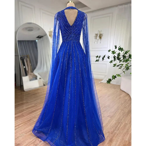 Vestidos de noche elegantes de corte A, estilo árabe, con mangas tipo capa y cuentas, en azul marino. Vestidos de lujo para mujer, ideales para bodas y fiestas (colección 2025, modelo LA72171). 