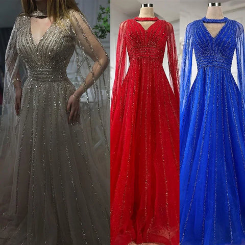 Vestidos de noche elegantes de corte A, estilo árabe, con mangas tipo capa y cuentas, en azul marino. Vestidos de lujo para mujer, ideales para bodas y fiestas (colección 2025, modelo LA72171). 