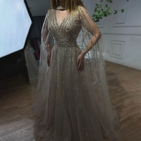 Vestidos de noche elegantes de corte A, estilo árabe, con mangas tipo capa y cuentas, en azul marino. Vestidos de lujo para mujer, ideales para bodas y fiestas (colección 2025, modelo LA72171). 