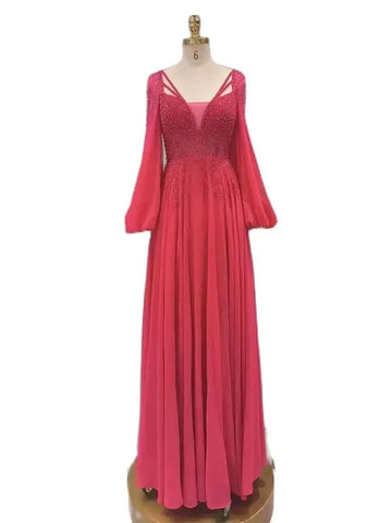 Vestidos de noche largos de lujo con lentejuelas y cuentas, corte en A, color fucsia árabe, para mujer, ideales para fiestas (2025) LA72380 