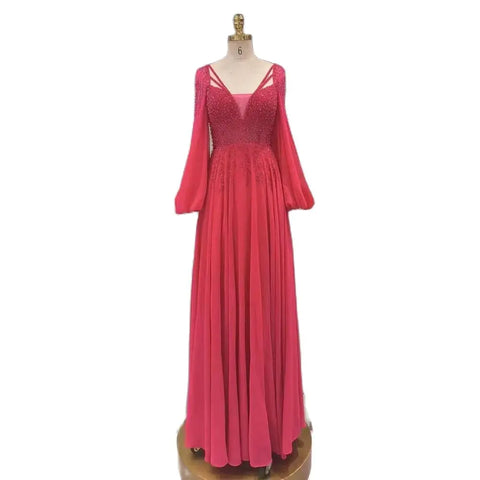 Vestidos de noche largos de lujo con lentejuelas y cuentas, corte en A, color fucsia árabe, para mujer, ideales para fiestas (2025) LA72380 
