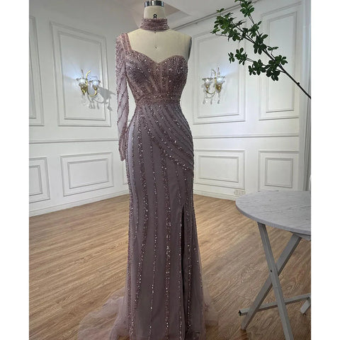 Arabic pink Mermaid Cape Sleeve High Split Beaded Evening Dresses Gowns 2025 For Women Wedding Party LA71938