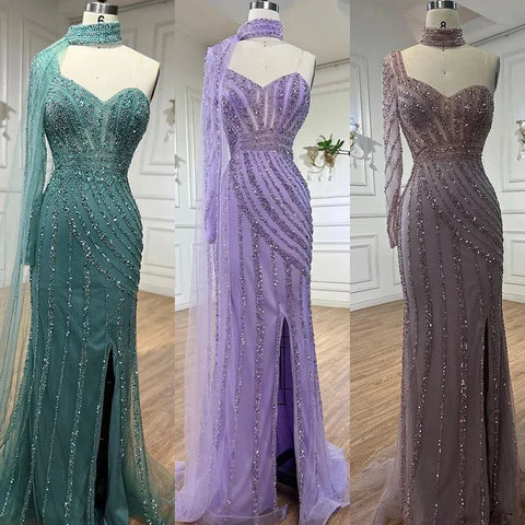 Arabic pink Mermaid Cape Sleeve High Split Beaded Evening Dresses Gowns 2025 For Women Wedding Party LA71938