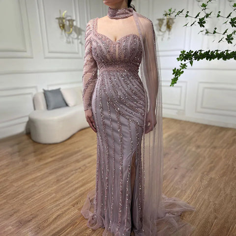 Arabic pink Mermaid Cape Sleeve High Split Beaded Evening Dresses Gowns 2025 For Women Wedding Party LA71938