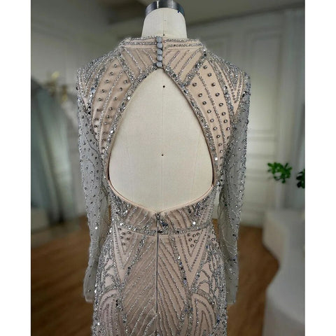 Vestidos de noche estilo sirena de Dubái, color nude plateado árabe, mangas largas, con cuentas, colección 2025. Vestidos elegantes para fiestas de mujer LA72183 